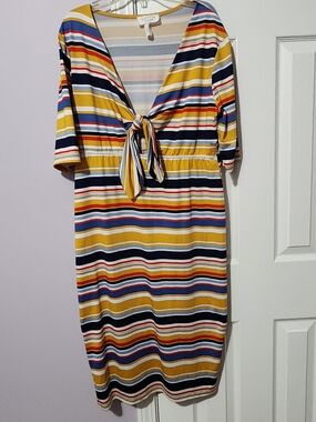 Janette Plus Striped Tie-Front Midi Dress — Mustard, Navy, Red, White, Blue